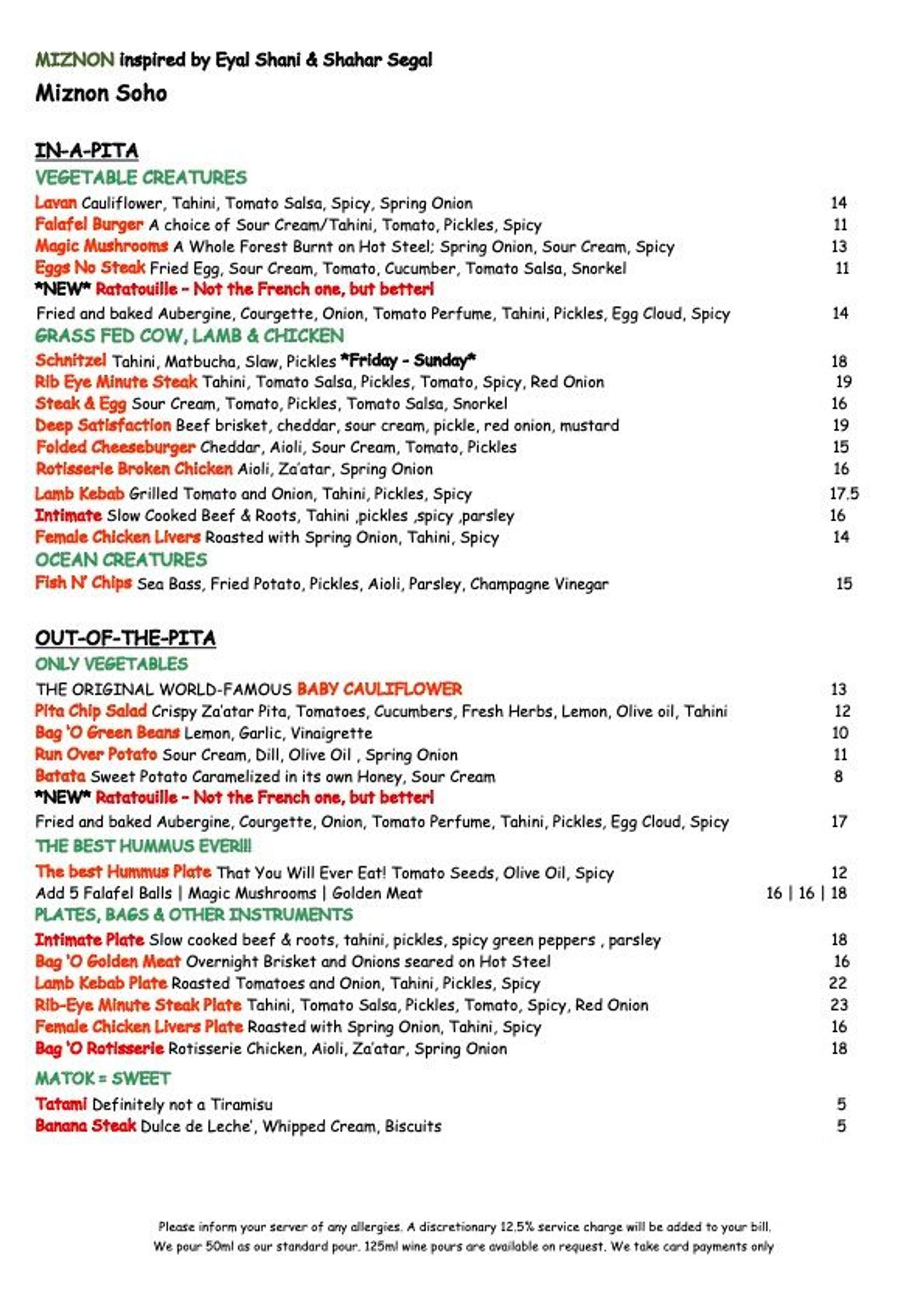 Miznon 2026 food menu